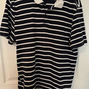 Theory Navy and White Striped Polo Shirt Womens XL See measurements